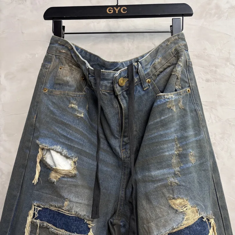 HKSH Herfst Nieuwe Man Punk Mode Gewassen Vintage Jeans Persoonlijkheid Patchwork Rechte Mode Cool Verontruste Denim Broek HK11945
