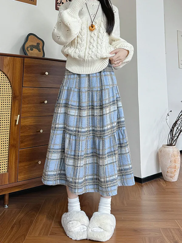 

Ce коричневая клетчатая юбка трапециевидной формы с высокой талией для похудения, женская зимняя новинка 202, шерстяная юбка f-длины