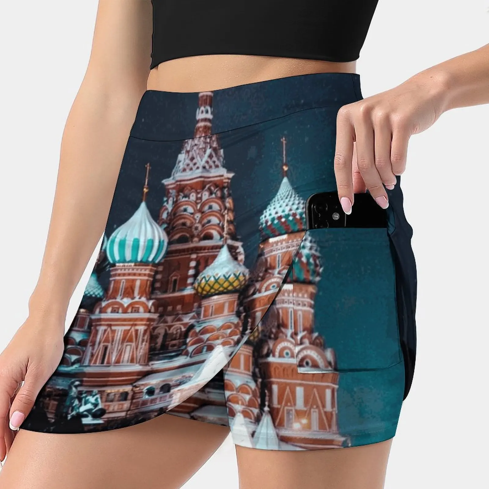 Moscow Russia St. Basil’S Cathedral Women Tennis Skirts Golf Badminton Pantskirt Sports Phone Pocket Skort Moscow Russia Night