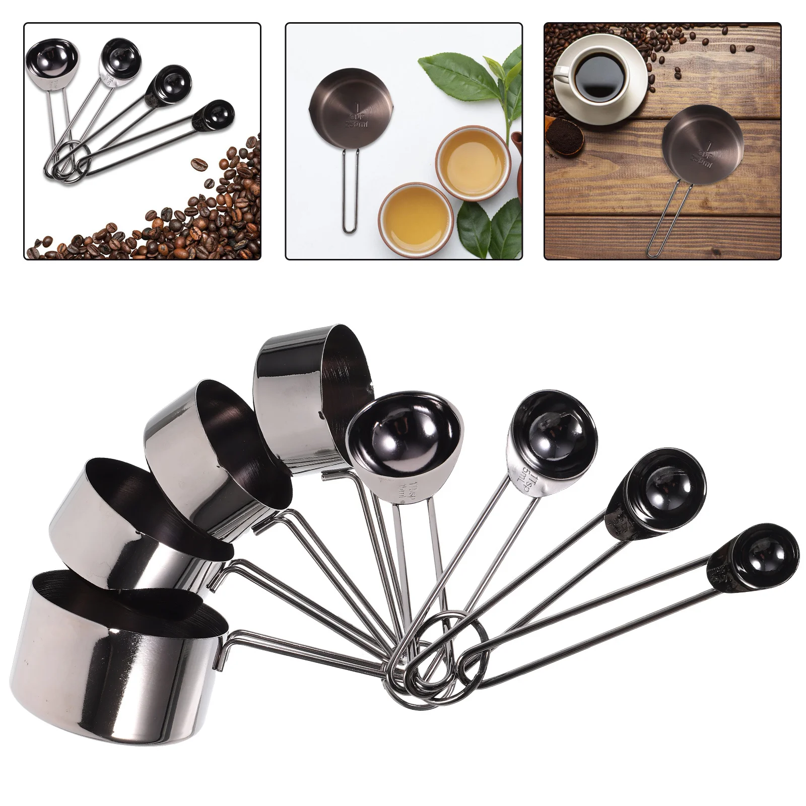 

1 set 1 Set Stainless Steel Measuring Cups Spoons Set For Baking Coffee Tea Sugar Kitchen Tools Stackable Easy Storage