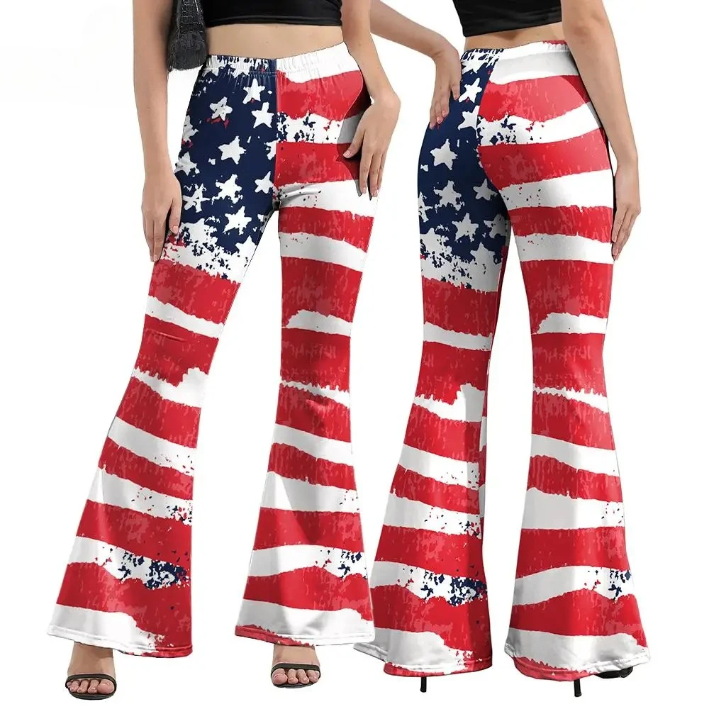 

Independence Day American Flag Print Leggings High Waist Flared Bell Bottom Pants Stars Stripes Trousers Party Wear