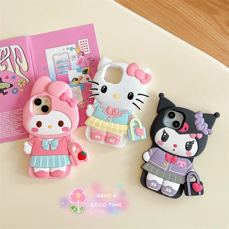 Mignon Sanrio Bow Hello Kitty Kuromi 3D coque de téléphone pour iPhone 17 16 15 14 13 12 11 Pro Max antichoc couverture en Silicone souple