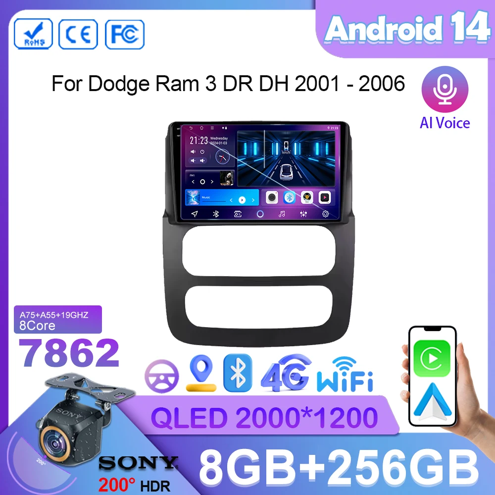 

For Dodge Ram 3 DR DH 2001 - 2006 Android 14 Auto Radio Stereo Head Unit Multimedia Player GPS Navigation No 2din 5G Wifi Screen