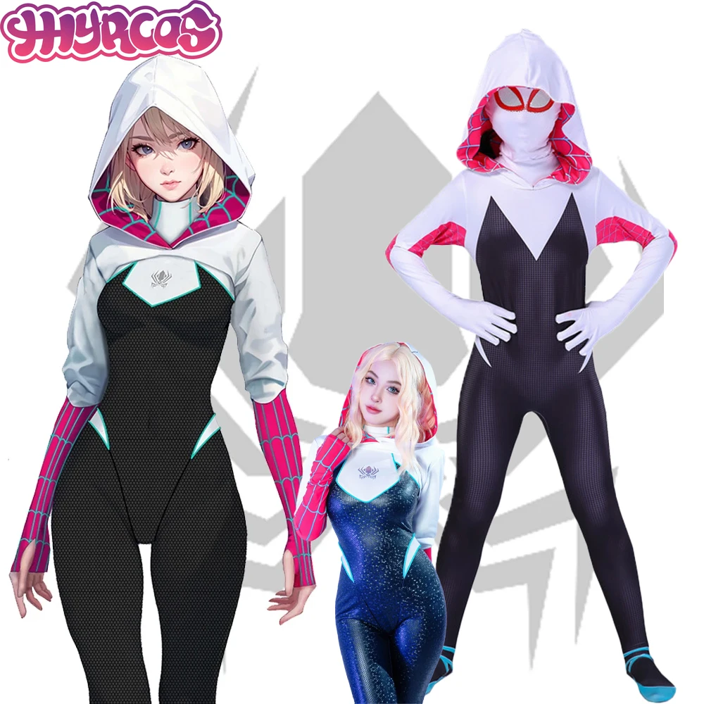 

Anime Spider Women Movie Gwen Cosplay Costume Hooded Jumpsuit Superhero Gwen Stacy Cosplay Mask Girls Women Suit Halloween Party