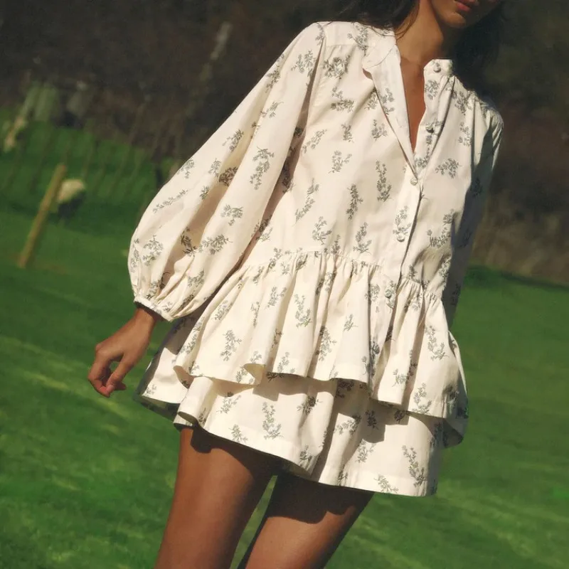 

2026 New French Small Fragrant Skirt Bubble Sleeve Turtleneck Ruffle Edge Puff Shirt, Printed Shorts Set Temperament Commuting