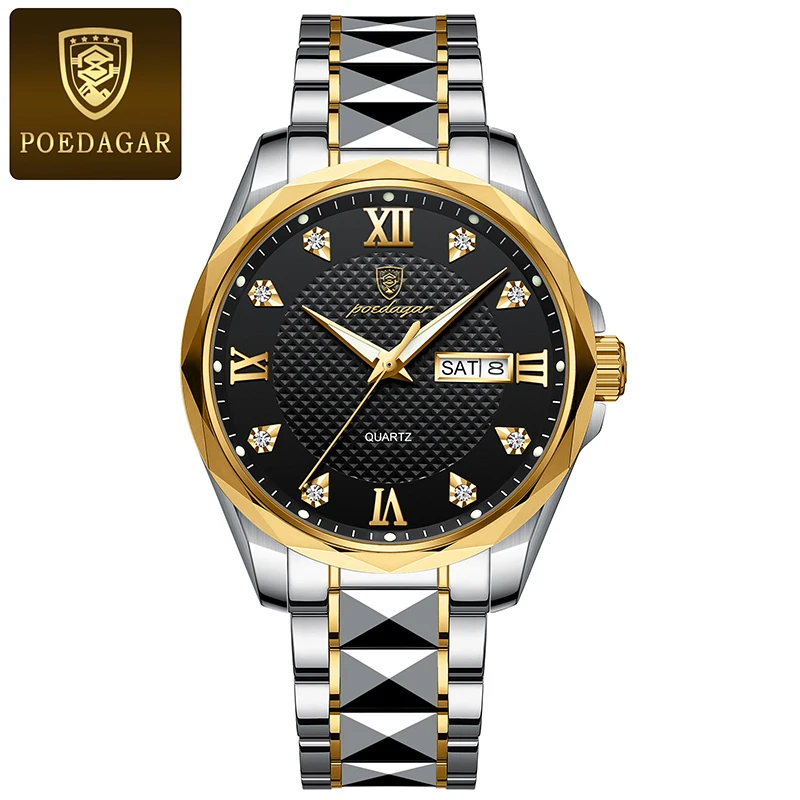 POEDAGAR Luminous Mens Watches Brand Trend Stainless Steel Diamond Man Watch Luxury Business Waterproof Clock Relogio Masculino