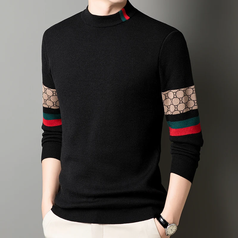 Suéter de manga larga para hombre, cuello semialto, otoño e invierno, con base estampada de moda, lujo ligero y de moda