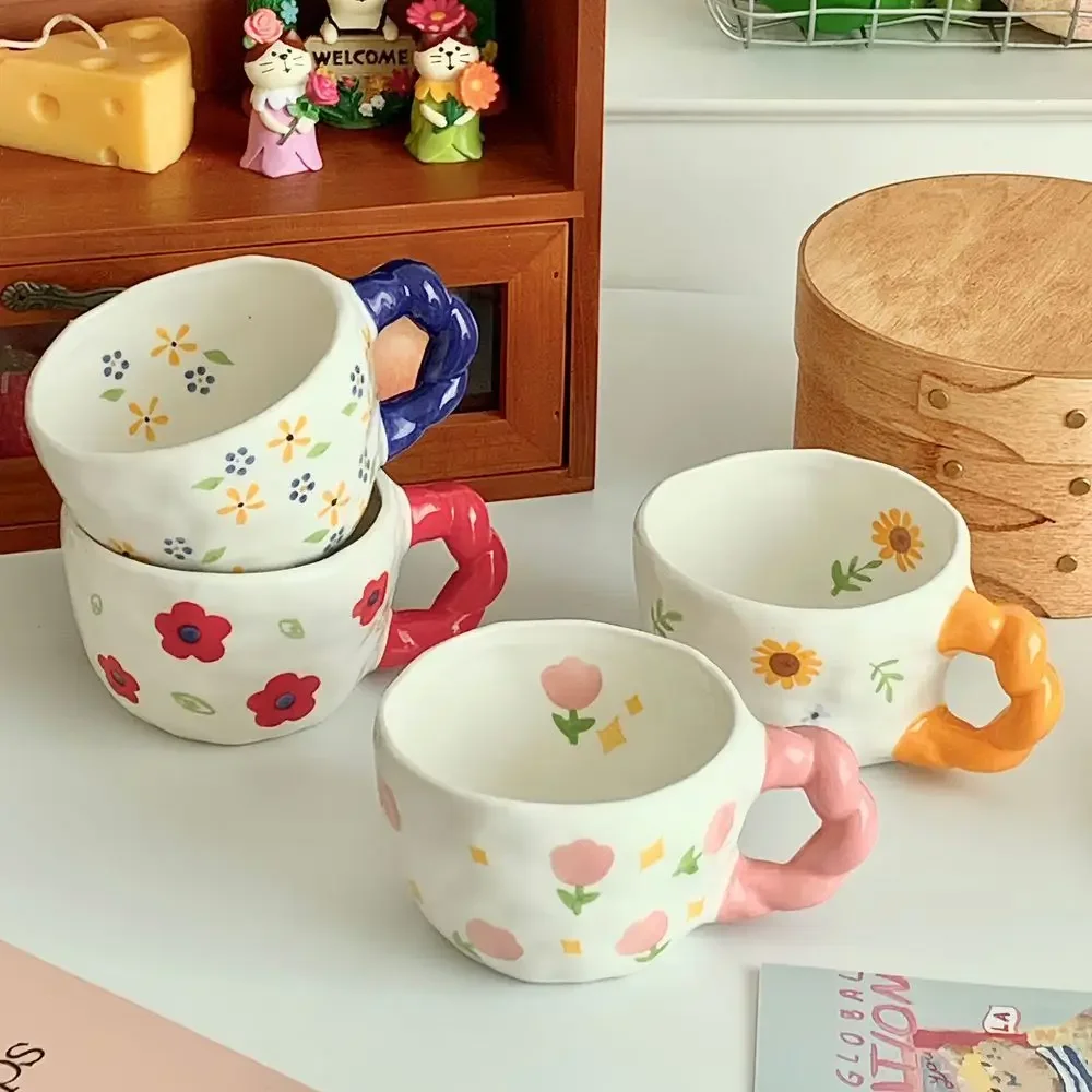 

Twist Ceramic Cup Korean Hand-painted Underglaze Color Mug Cute Niche Flower Tea Couple Coffee Cup Souvenir Drinkware