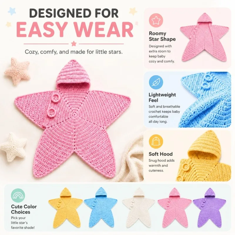 Creative Star Shape Knit Wrap Blanket Hand‑Woven Crochet Soft Cozy Sleeping Pouch Decorative Collectible Present for Gift