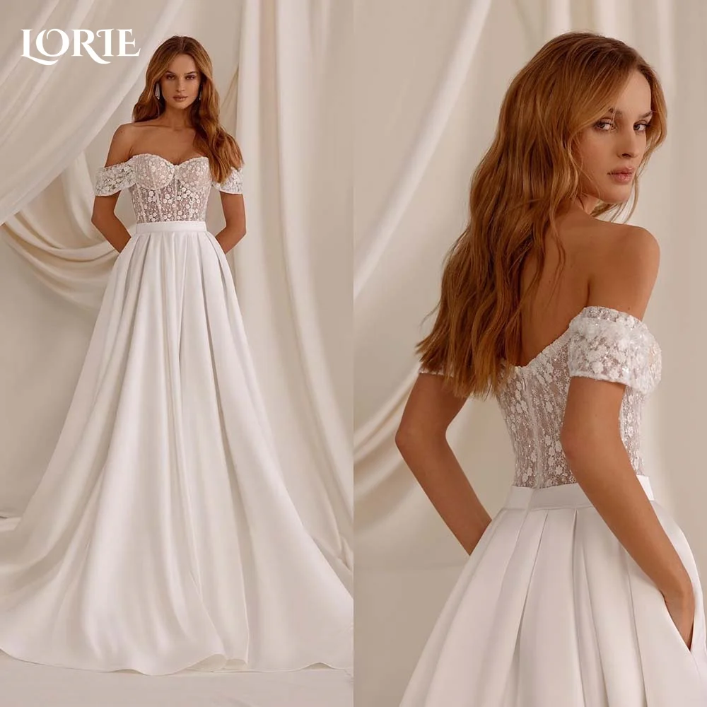 

LORIE Solid Off Shoulder Lace Wedding Dresses Satin A-Line Appliques Bridal Dress Customized Elegant Backless Corset Bride Gown