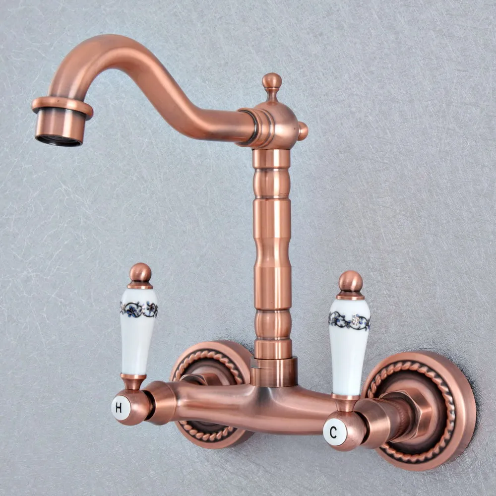 

Antique Red Copper Brass Wall Mounted Kitchen Wet Bar Bathroom Vessel Basin Sink Hot Cold Mixer Tap Swivel Spout Faucet msf873