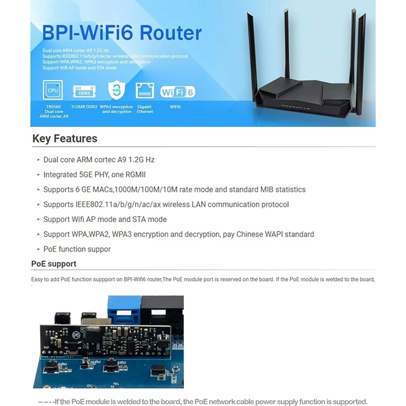T81C Banana Pi BPI-Wifi6 Router dengan Triductor TR6560 + TR5220 Wifi SOC Dual Core ARM Cortec A9 Papan Perutean