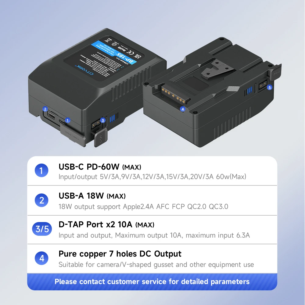 CITYORK V Mount Battery 185W BP-185 Lock Battery With Dual D-TAP and PD60W Fast Charge Input for SONY HDCAM XDCAM Digital Cinema