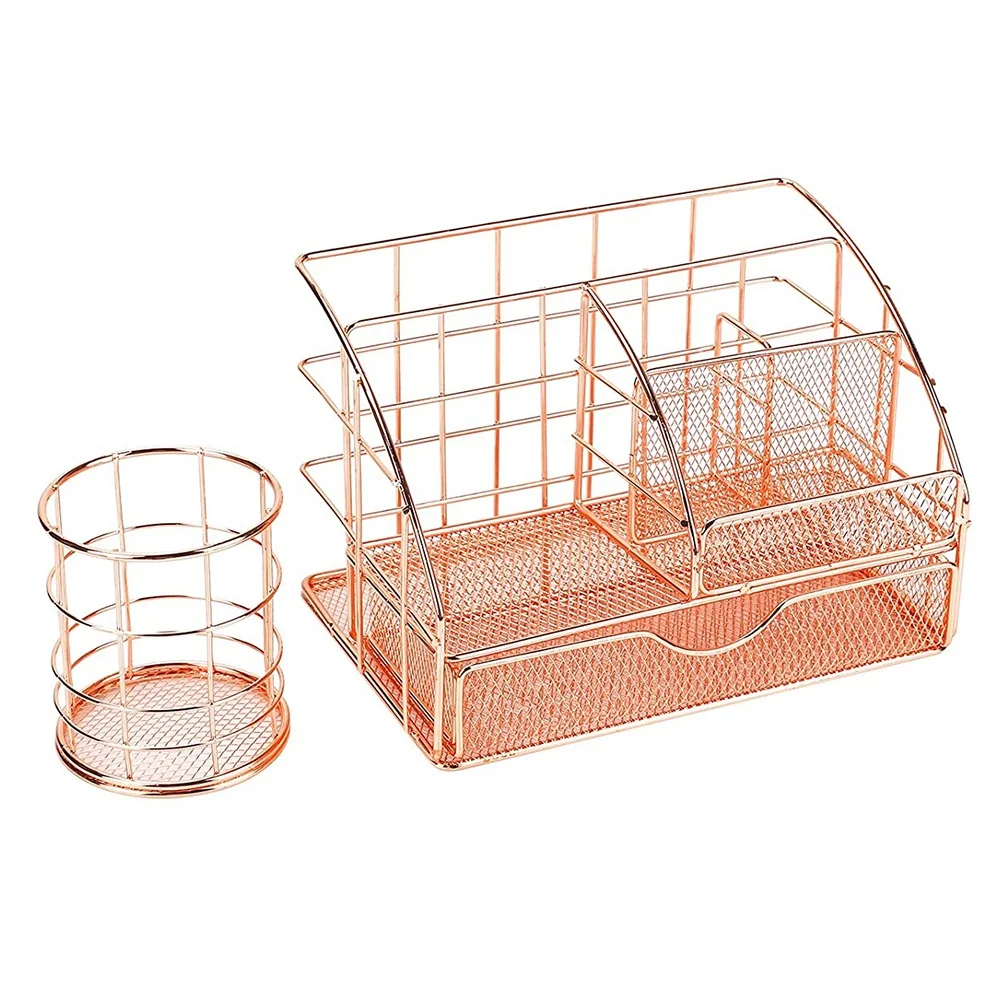 

Rose Gold Desktop Storage Rack Mesh Metal Multipurpose Stationery Desktop Storage Rack with Metal Pen Holder for Office