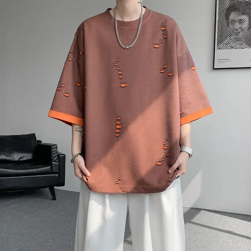 Casual Men's T-Shirt With Orange Dots Detailing And Contrasting Sleeve Trim For Summer Streetwear Style