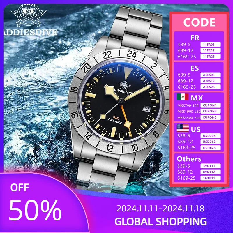 

ADDIESDIVE Diving Watch Men's Luxury Stainless Steel Bubble Mirror Glass GMT Quartz Watch Luminous Calendar Relogios Masculino