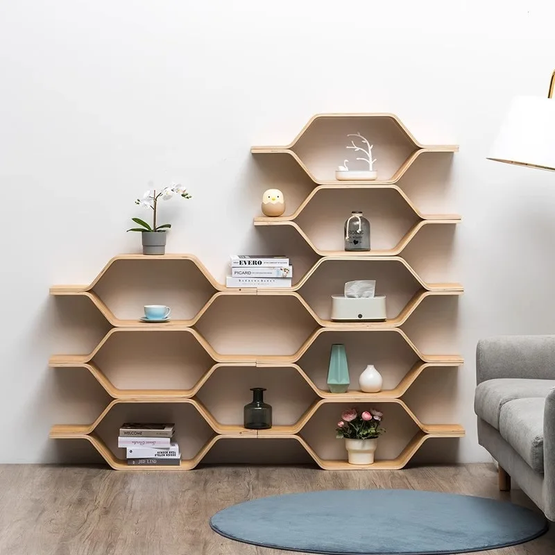 Lattice bookshelf shelf Modern simple floor solid wood display storage rack Honeycomb creative storage rack Save space