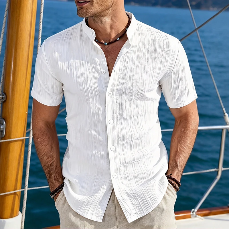 Men's Textured Short Sleeve Shirt Casual Stand Collar Button Up Lightweight Breathable Loose Fit Summer Top for Daily Wear