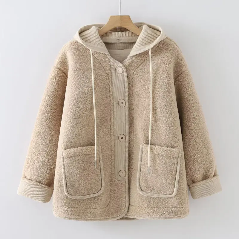 Nowa koszula zimowa z polaru jagnięcego na rok 2025, damska bluza z kapturem, zapinana na guziki, z kieszeniami, patchworkowa, moda Mori Girl, codzienna, ciepła, luźna odzież wierzchnia C5D425CC