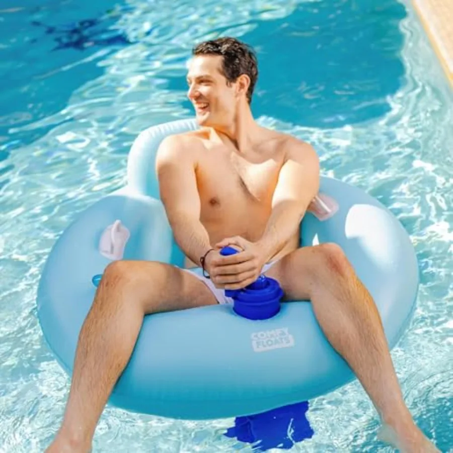 Motorized Pool Float for adult use on pools and calm lakes, made of durable PVC, blue color, featuring 12V propeller with 360 s