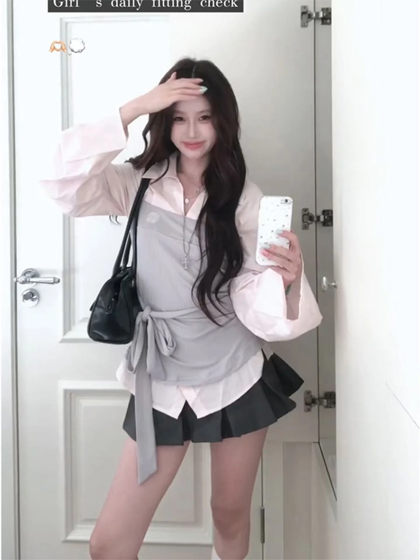 Korean Style Splice Fake Two-Piece Shirt Women's Autumn Fashion Pink Bow Tie Blouse Grey Pleated Skirt Set Student School Uni...