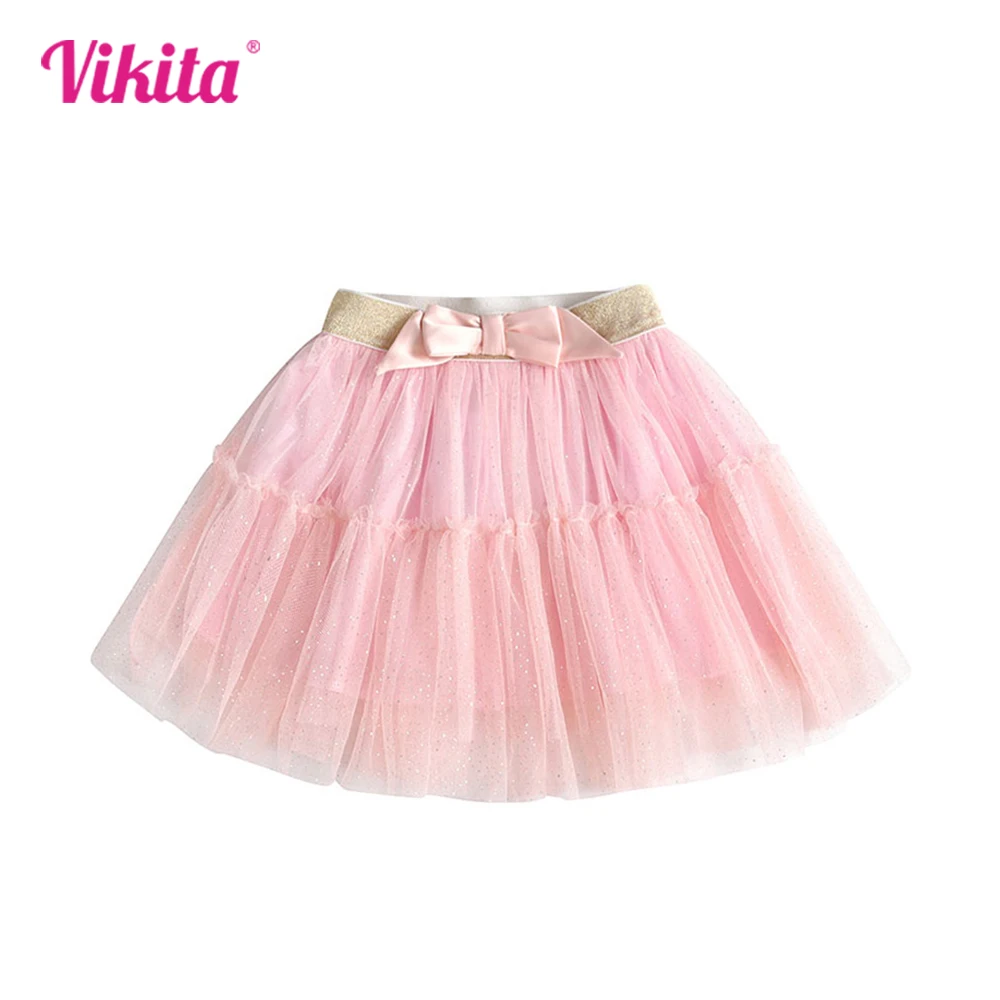 VIKITA Girls Pink Skirts with Bow Knot Kids Shiny Sequins Mini Skirts Girls Birthday Party Casual Daily Mesh Tulle Ballet Skirt