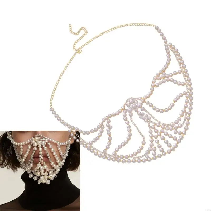 

X4YA Elegant Rhinestones Half Face Mask Adjustable Cosplay Accessory Imitating Pearls