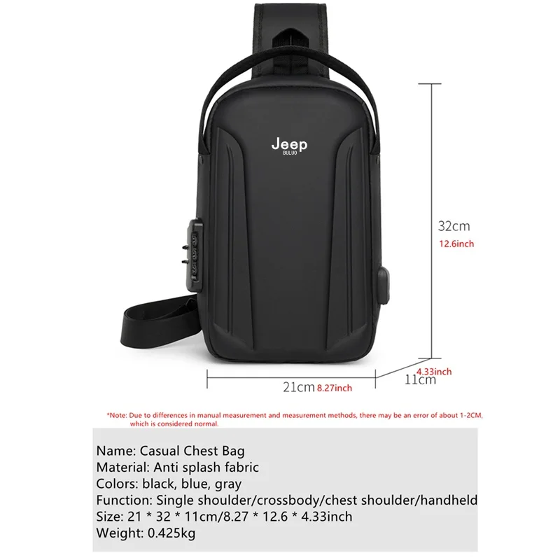 JEEP BULUO Men Sling Chest Bags Crossbody Shoulder Bag High quality Motorcyclist Travel Riding outdoors Black Male Daily Bag