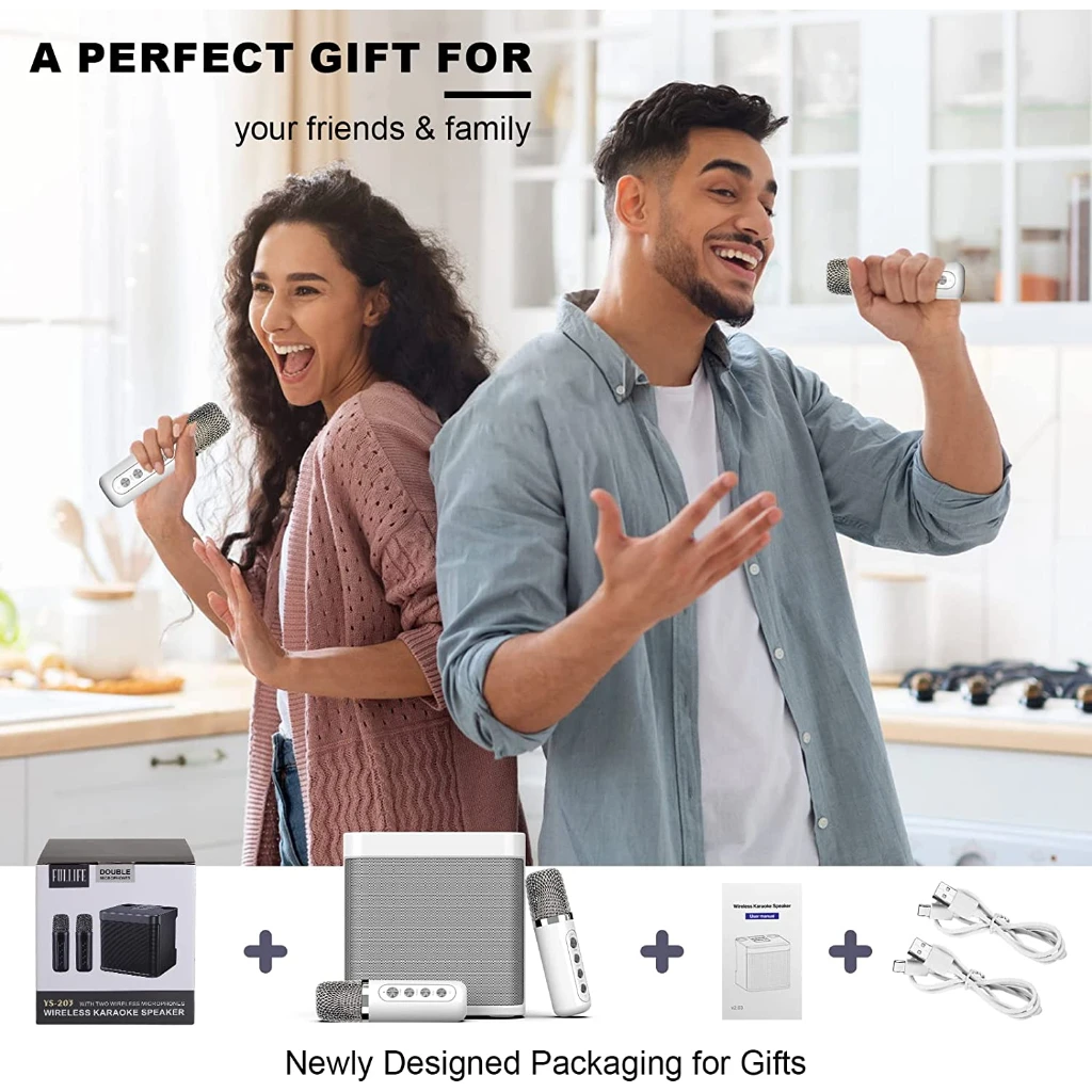 Máquina de Karaoke con Altavoz Portátil con 2 Micrófonos Inalámbricos, Compatible con AUX, Tarjeta TF, Reproductor USB, Adecuada para KTV en Casa, Fiesta