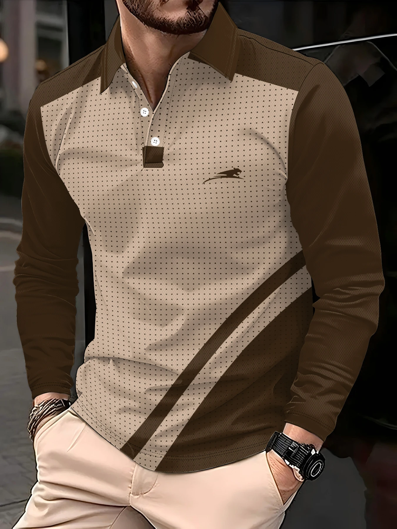 New winter and autumn men's long-sleeved Polo shirts with 3D polka dot print trendy street style casual and comfortable