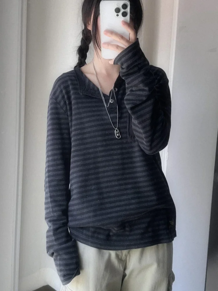 2025 스트라이프 프린트 Y2K 루즈 티 셔츠 긴 소매 Botton 한국 미적 패션 의류 빈티지 streetwear 탑스