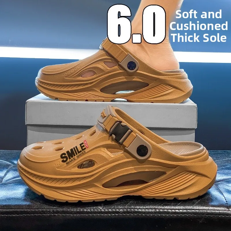 Men's Summer Casual Thick Bottom Hollow out Slip-On Slippers Fishing Outdoor Beach Driving Two-Way Wear Fishing Cap Toe Slippers