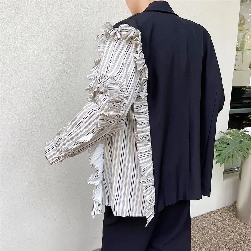 Tannt Women Blazer Asymmetry Edible Tree Fungus Patchwork Stripes Blazer Jackets Irregular Casual Color Matching Suit Coats 2023