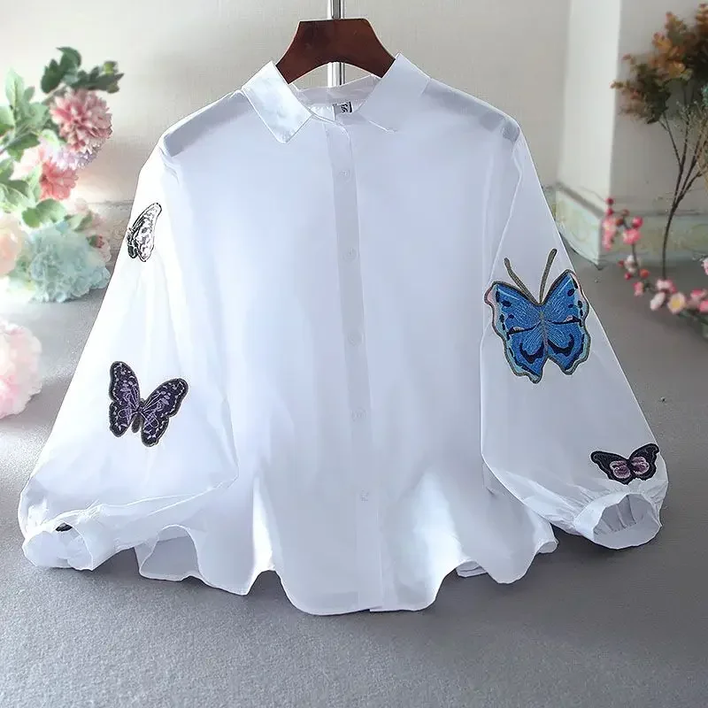 Summer Butterfly Embroidery Cardigan Top Women Loose Casual Fashion 3/4 Sleeve Blouse Ladies Lapel Single Breasted Shirt X706