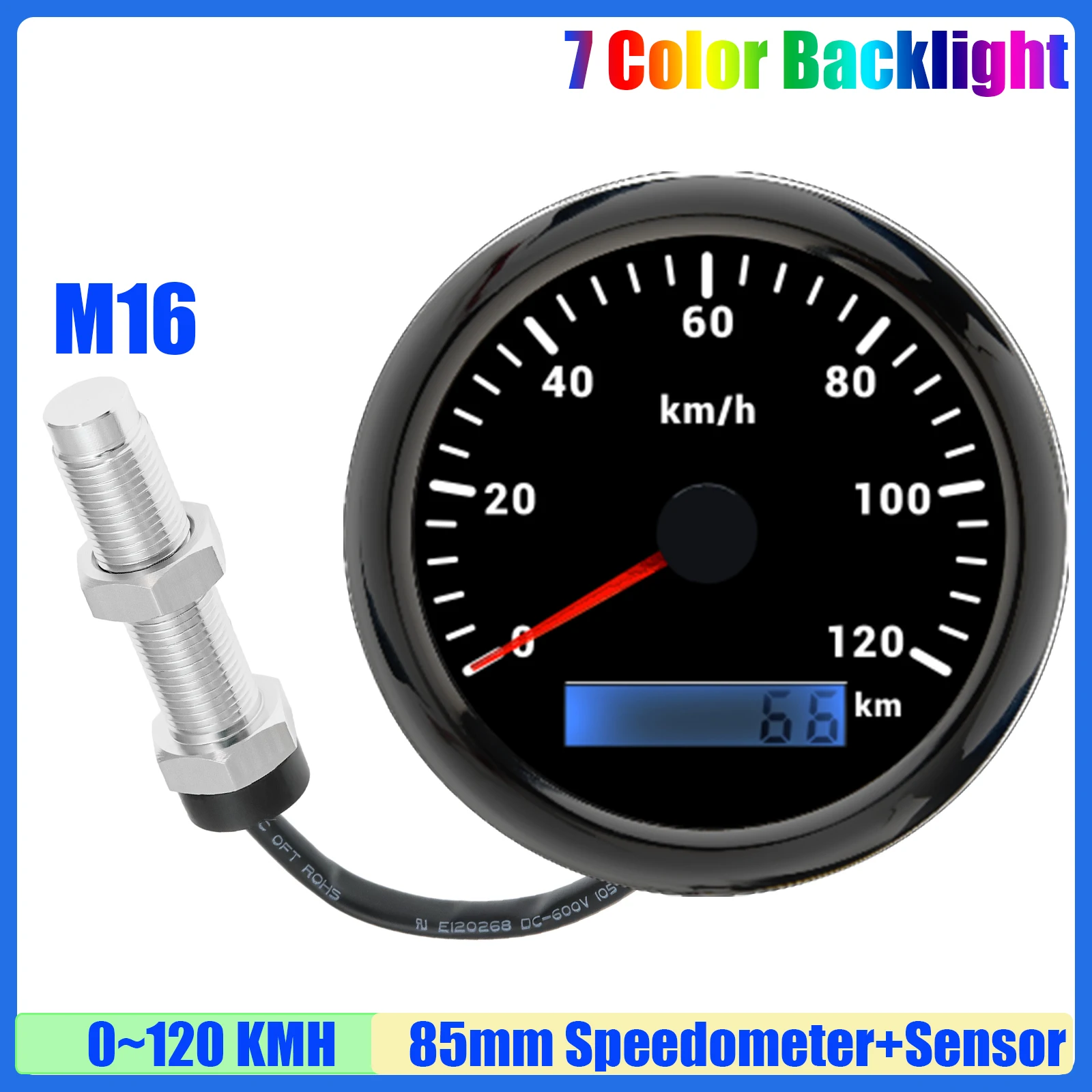 

Analog Pulse Signal 85mm Speedometer Gauge with Holzer Sensor M16 7 Color Light 30KMH,60KMH,120KMH,200KMH Speed Meter Car Boat