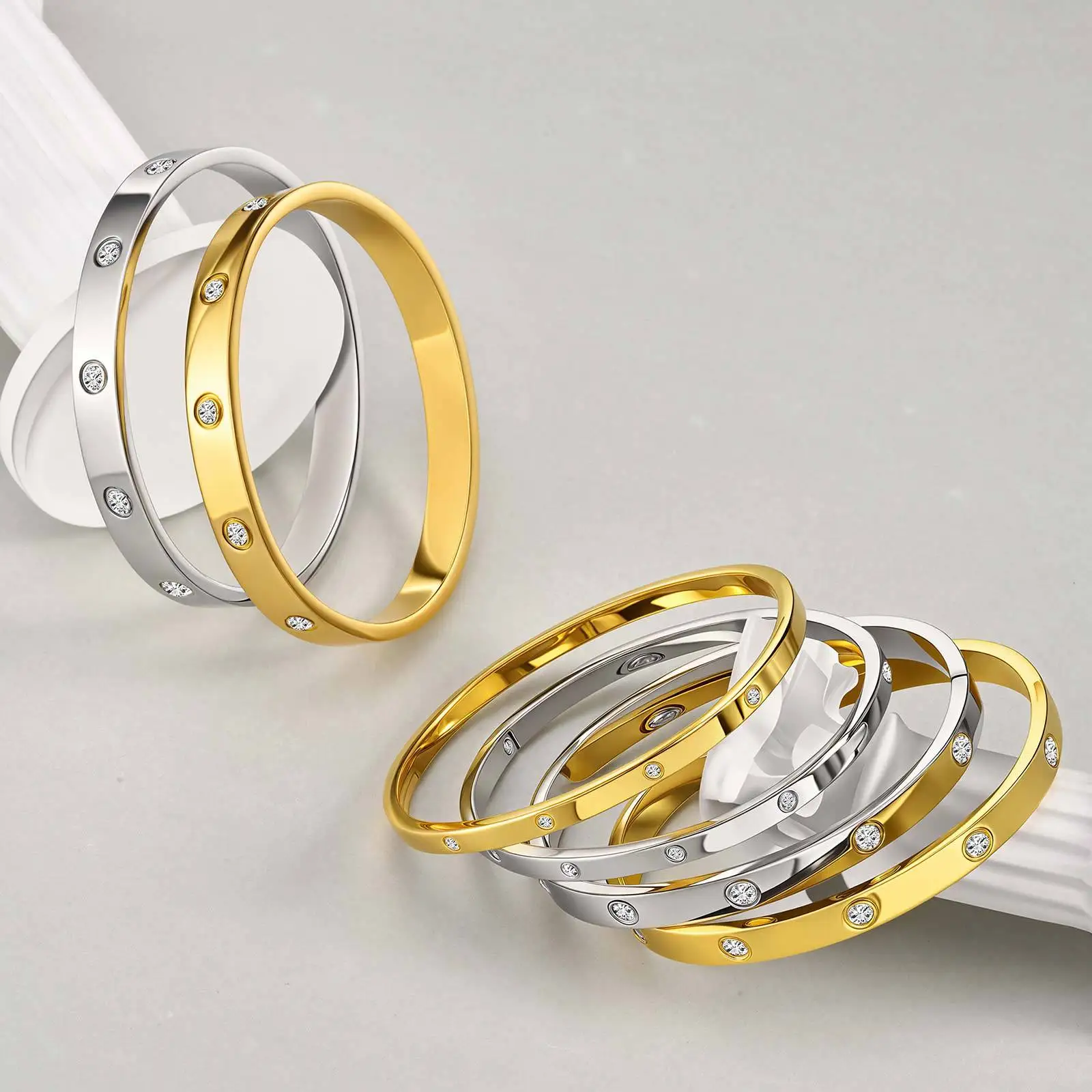 Stainless Steel Crystals Drill Cuff Bangle Women Mens Fashion Bracelet Jewelry For Wide Husband Gifts 6mm /8 Mm 6.69inch B-478 G