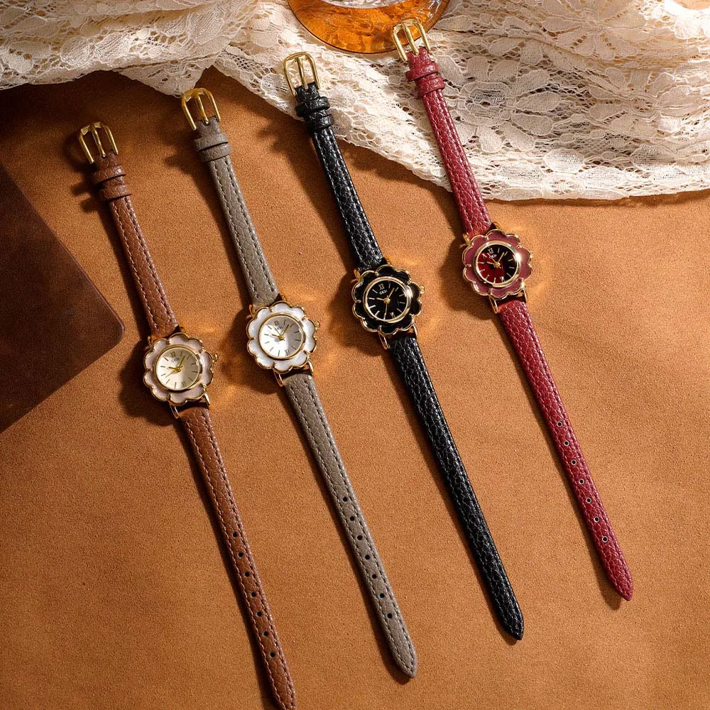 ساعة GEDI الراقية ذات الأزهار الرجعية للنساء ساعة كوارتز فاخرة مع حزام جلدي مقاوم للماء هدية للمرأة