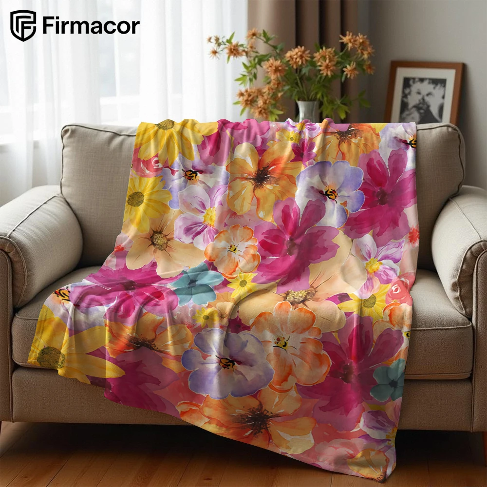 Vibrant Floral Cluster Cartoon Anime Print Flannel Blanket Soft Warm Throw for Kids Bedroom Sofa Bed Christmas Office Car