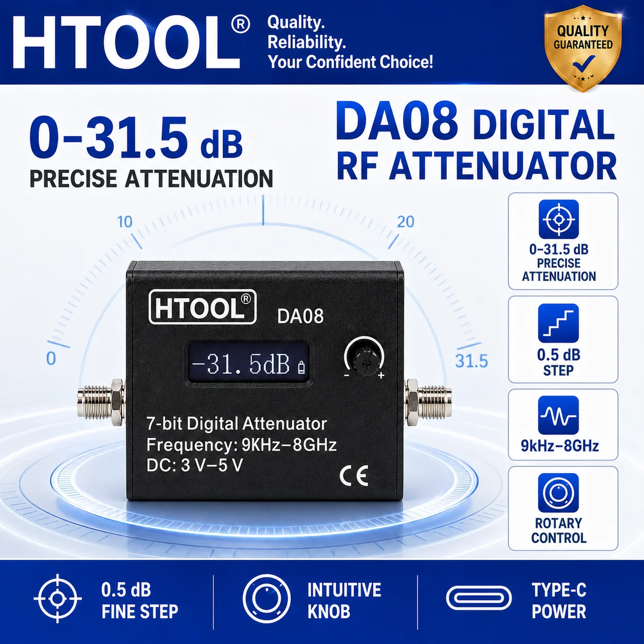HTOOL DA08 Adjustable RF Signal Attenuator 7-Bit OLED Type-C SMA for RF Testing