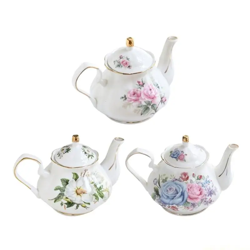 QX2E Ceramic Teapot With Floral Embossing And Gold Trim Ergonomic Handle Porcelain Tea Pot For Daily Use