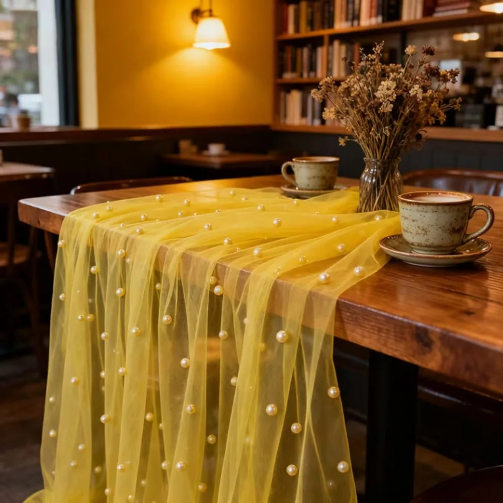 Household Luxury Wedding Table Runner Romantic Multi-color Gauze Tablecloth Semi-Transparent Pearl Chiffon Runner Wedding
