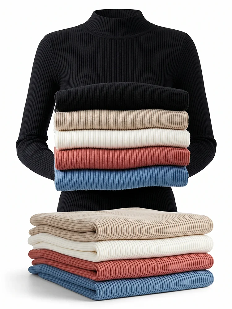 Mock Neck Women Sweater Autumn Winter Vintage Basic Solid Knitted Tops Casual Slim Pullover Korean Sweaters Simple Chic Jumpers