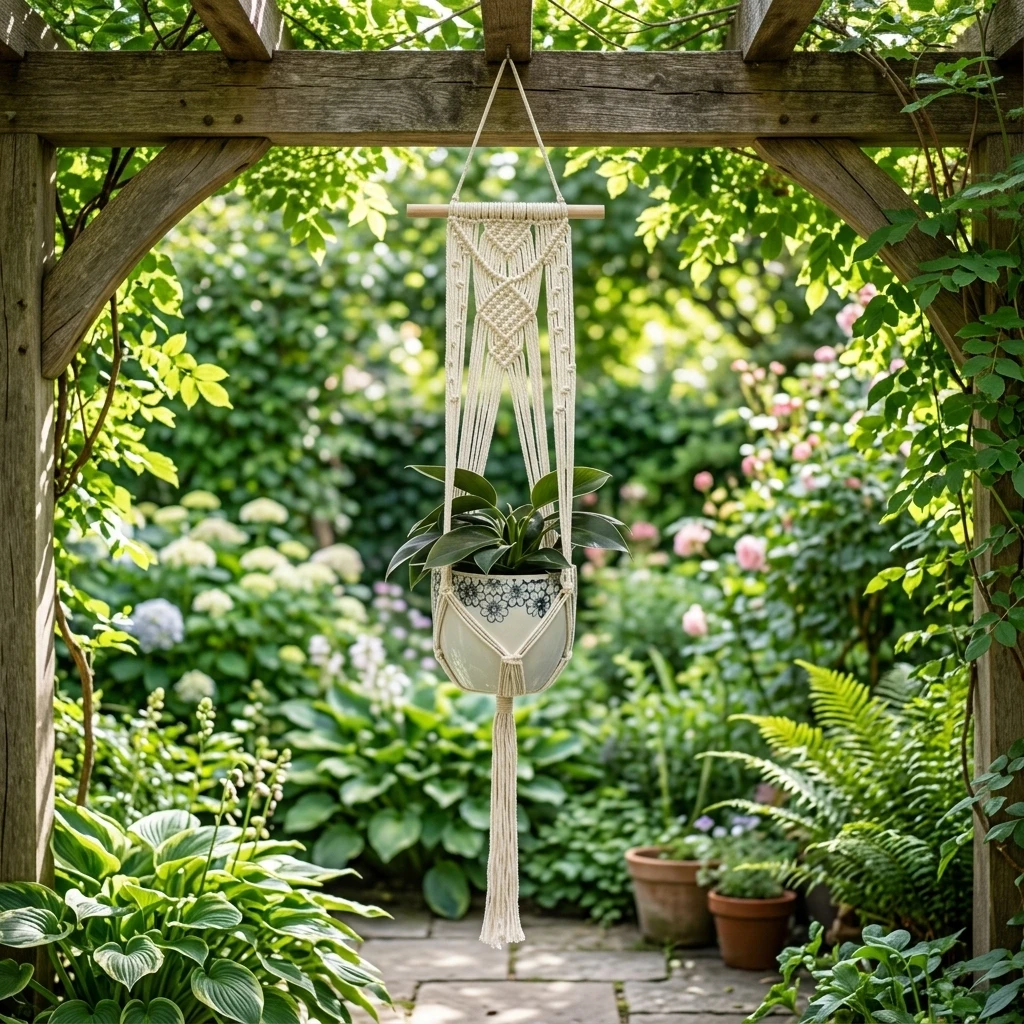 Macrame Hanging Planter Holder Handmade Cotton Rope Plant Basket for Indoor Outdoor Garden Balcony Patio Home Wall Decor
