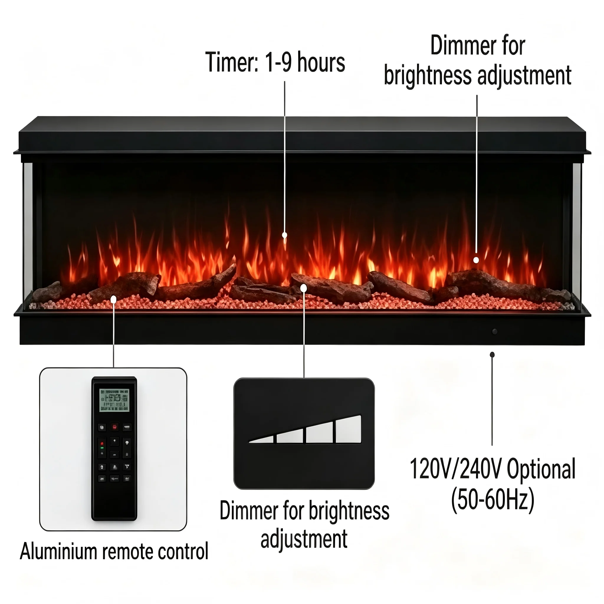 Built-in 3 Sided Electric Fireplaces, 3D Realistic LED Flames & Faux Logs, Wall Recessed Electric Fire Heater 60/70/80inch