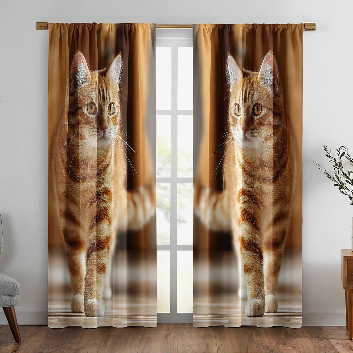 Realistic Orange Tabby Cat Curtains Cute Kitten Walking Print Window Drapes Pet Lover Home Decor Blackout Fabric for Living Room