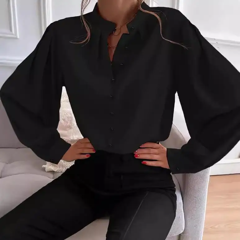 Women's Long Sleeve Shirt with Semi Open Collar Stand up Swedish Style Commute Fashion Other Fabric Lantern Sleeve Pure Color view 3