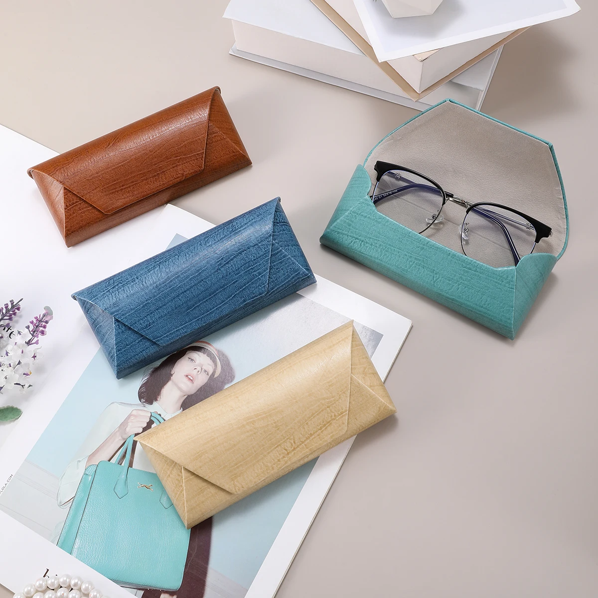1pc Retro Style Lightweight Wood Grain Pattern Glasses Bag Portable PU Leather Eyeglasses Case Protector For Men Women Daily Use