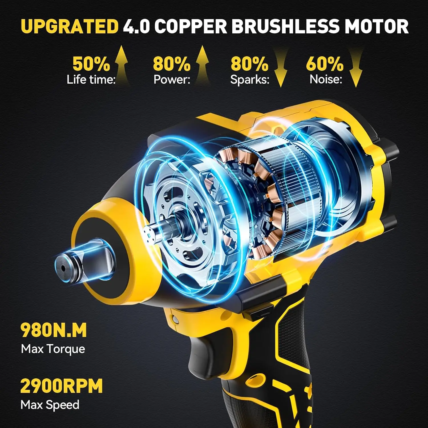 XGOLD DEVONIC Cordless Impact Wrench,750Ft-lb(980N.m) Brushless Impact Gun,2900RPM High Torque Impact Wrench,1/2 Inch