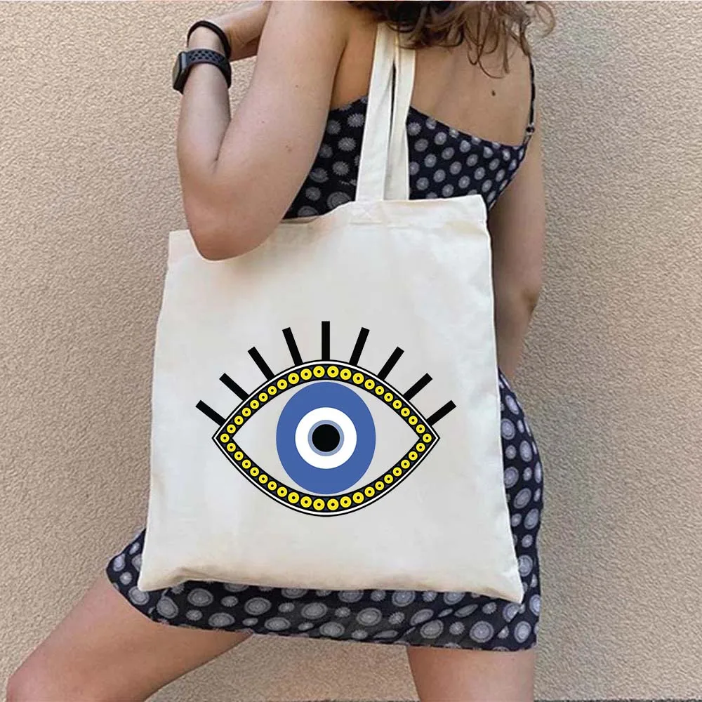 Greco Nazar Blue Evil Eye Hamsa Hand Colorful Mandala Shopper Women Canvas Shoulder Canvas Tote Bag borsa da spiaggia in cotone turco