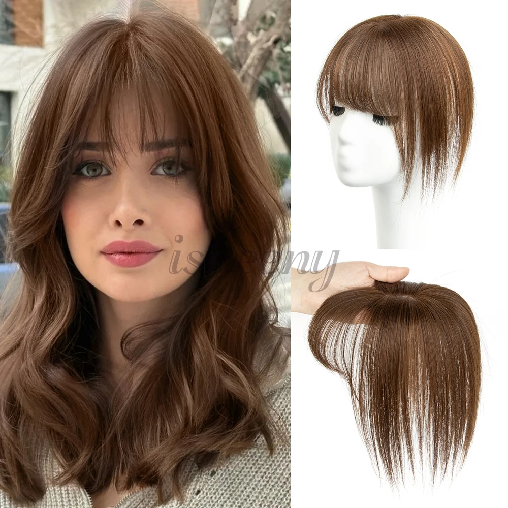 Real Human Hair Topper with Bangs 5x9cm Base Net Natural Straight Hairpiece Blending to Hide Bald Spots or White Hair for Women